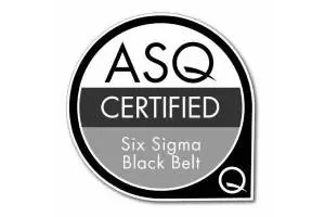 A black and white sticker of the asq certified six sigma black belt.